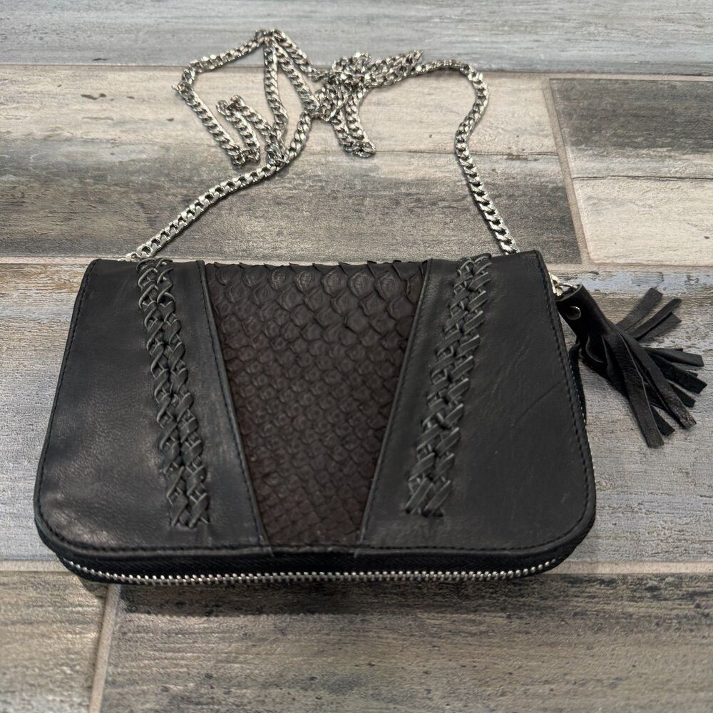 New Braided Black Leather Clutch Wallet Purse Removable Long Chain Zipper Close